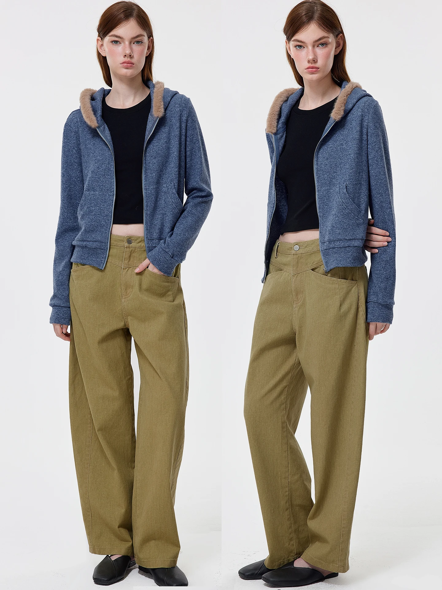 

Monroo Denim Blue Wool Knitted Sweatirt Jaet Women's Autumn Winter Long Sve Fur Collar ort Hoodie Slimming Top