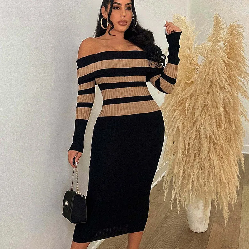 Elegant Knit Striped Maxi Dress Women Autumn Winter Sweat Long Sleeve Off The Shoulder Slash Neck Bodycon Party Dresses Clubwear