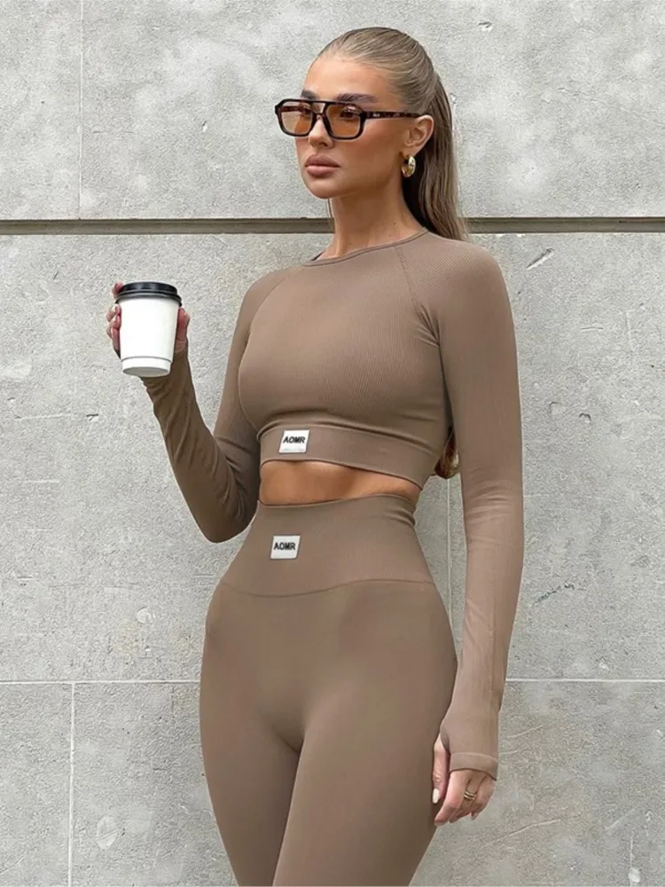 Spring Khaki/Black 2 Piece Sets Tracksuit Women Outfits Long Sleeve Crop Top Tight Trousers Skinny Sports Yoga Sets Itness Wear