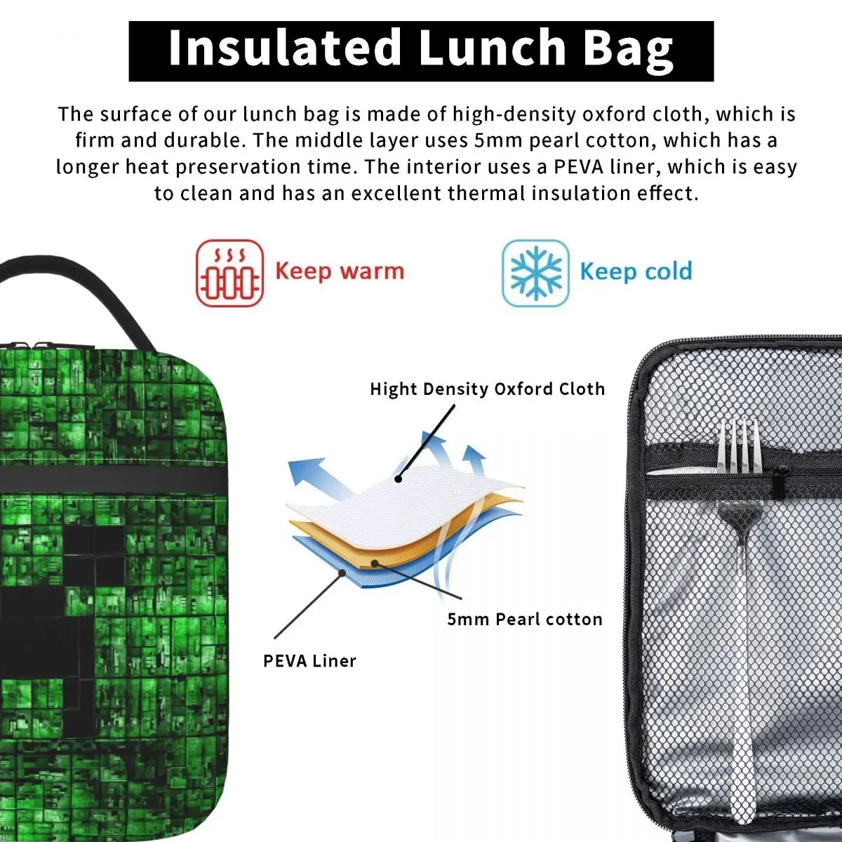 custom made Pixel Art Insulated Lunch Bag Creeper Backgrounds Picnic Lunch Box For Kids Fashion Tote Handbags Waterproof Portabl