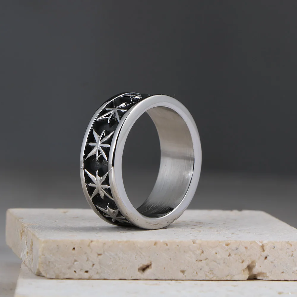 1Pcs European and American Fashion Punk Retro Rice Flower Octagonal Star Hand Accessory Personalized Men's High-End Ring