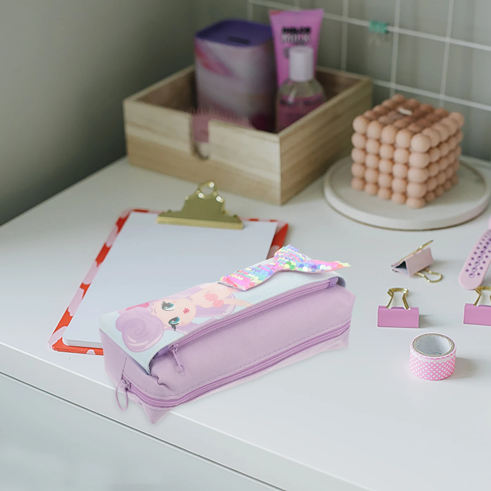 

Sequins Pencil Case Oxford Cloth Zipper Closure Insstyle Design Purple Mermaid Pen Cases For Girls Slim Pouch Box Stationery