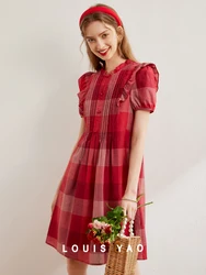 LOUIS YAO Women Cotton Dress Retro Style 2024 Summer Plaid Dress O Neck Short Sleeve Sweet Fashion Dress