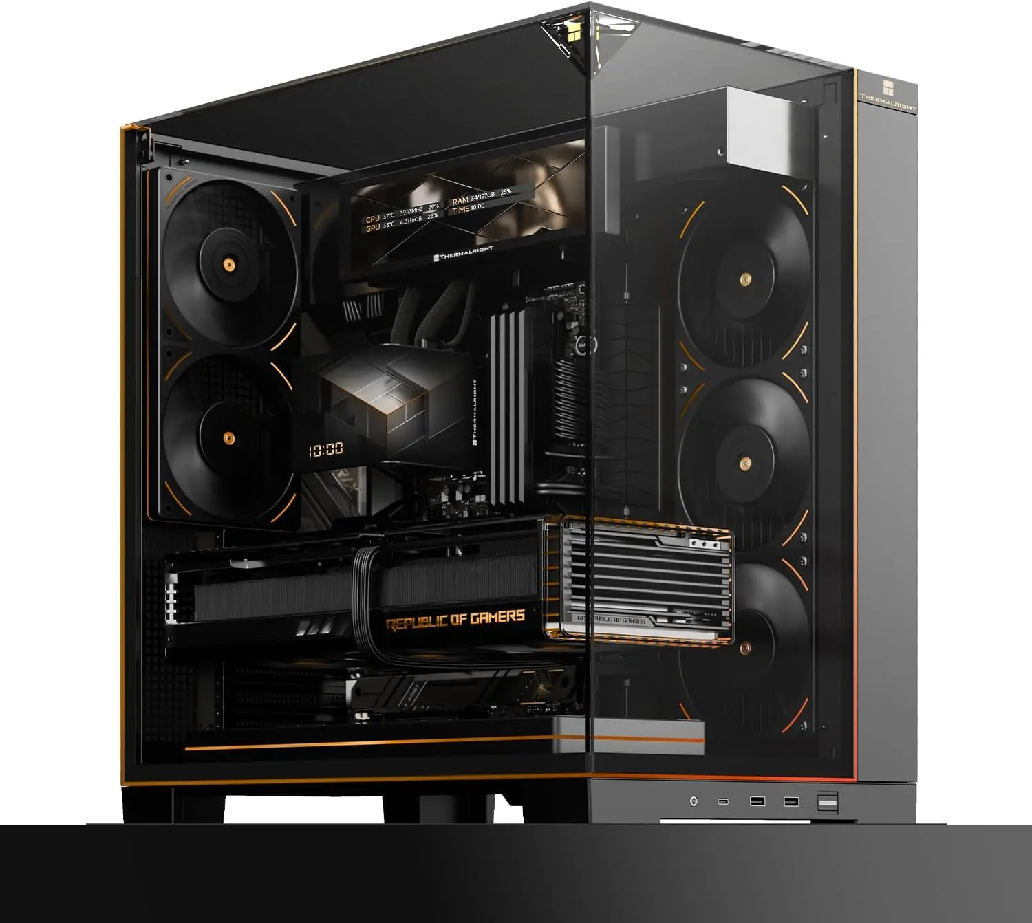 ATX Gaming Case with Panoramic Glass Panel, 8 Fan Slots, Type-C Interface, and 9.16-inch LCD Display