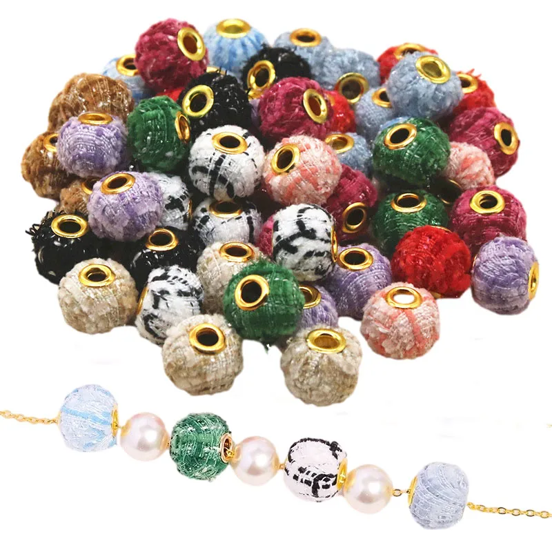 10Pcs Colored Fabric Metal Wool Ball Large Hole Beads Gift for Girls DIY Charms Ear Pendants Bracelet Fit Pandora Jewelry Making