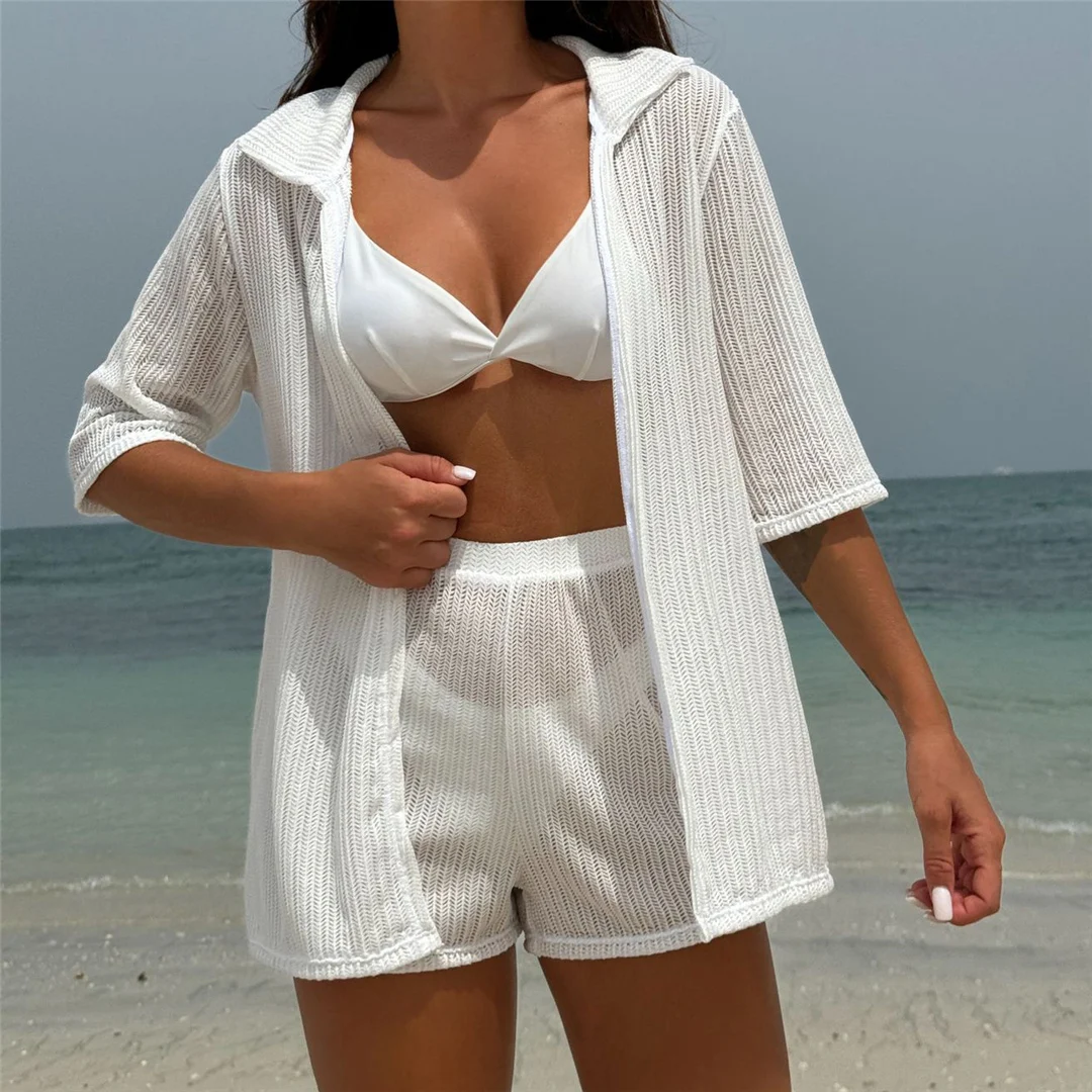 Mit Hemd, Shorts, Neckholder, brasilianischer Bikini, Damen-Badeanzug, Damen-Bademode, vierteiliges Bikini-Set, Badeanzug, Badebekleidung, Schwimmbekleidung V5716H – Detail 15