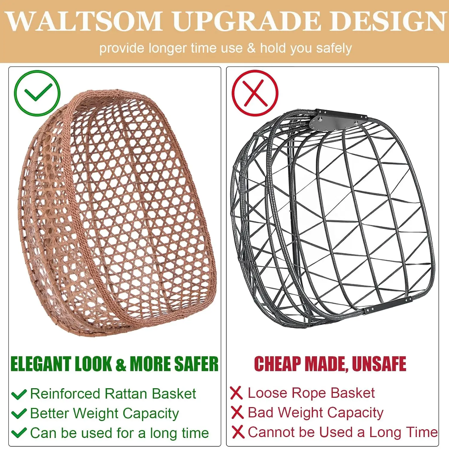 Hexagon Rattan Hanging Egg Chair with Stand, 2-Person Foldable Loveseat Removable Cushions Outdoor Patio, Beige, Customized