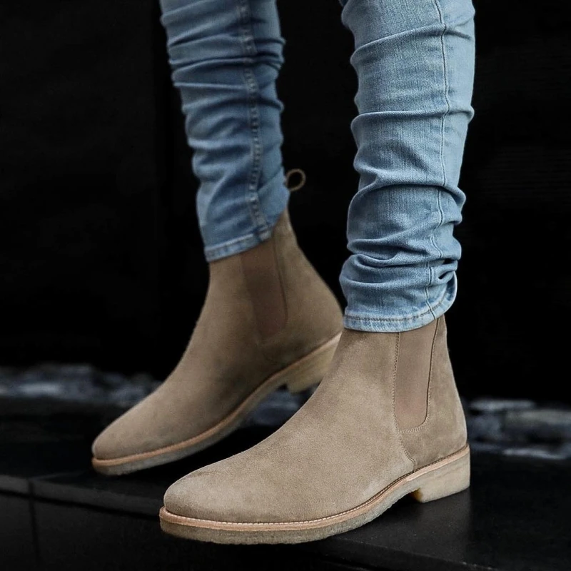 Genuine Leather Chelsea Boots Cow Suede Women Men Round Toe Slip-On Business Short Low Heel Martin Winter Boots Size 35-46