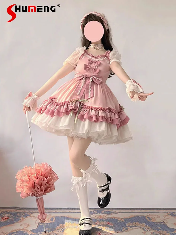 

Japanese Style Sweet Cute Lolita Dresses Square Collar Puff Sleeve Bow Ruffles High Waist A-line Short Princess Dress for Women