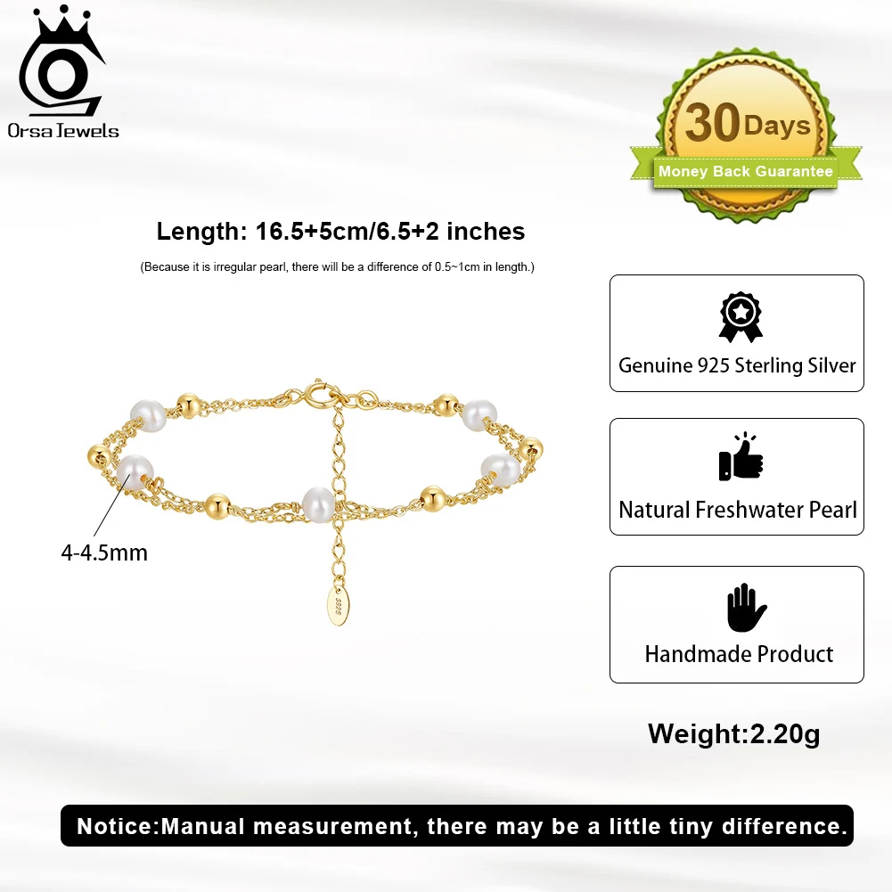 ORSA JEWELS 925 Sterling Silver Natural Baroque Pearls 14K Gold Bracelet for Women Chain Fashion Vintage Fine Jewelry GPB32