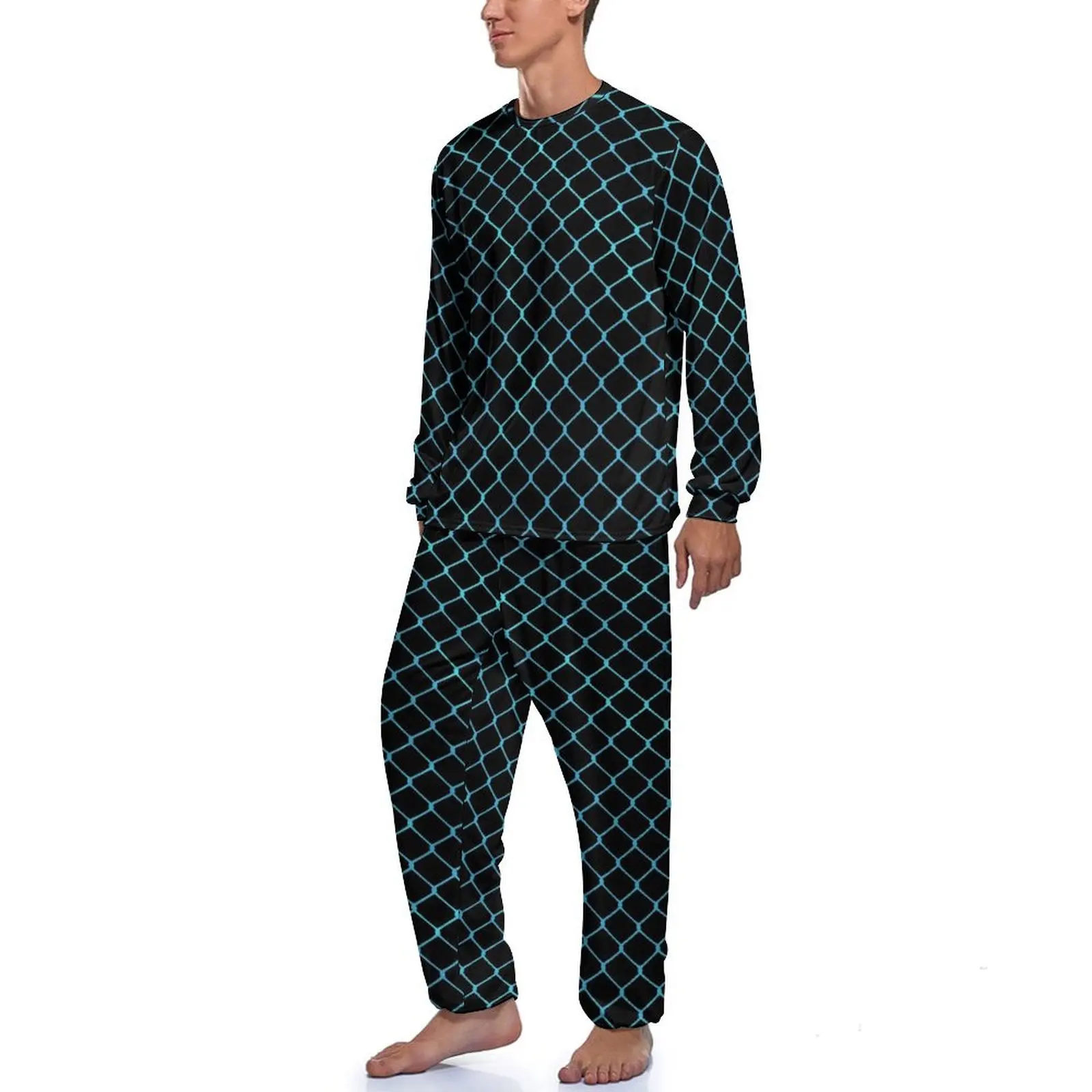 Blue Fence Chains Pajamas Male Elegant Modern Kawaii Sleepwear Autumn Long-Sleeve Two Piece Sleep Design Pajamas Set