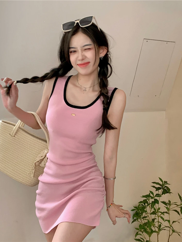 2024 Sleeveless Tank Dress Women Contrast Color Robe Vintage Harajuku Sweet Mini Knitted Basic Pencil Dresses Summer Vestidos