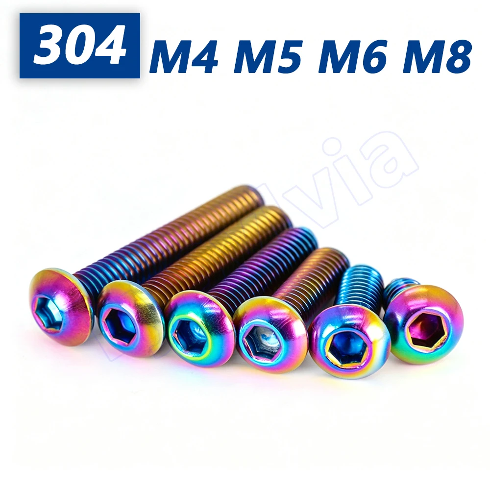304 Stainless Steel Hex Socket Button Head Screws M4 M5 M6 M8, Allen Key Drive Pan Head Bolts Colorful Anodized for Motorcycle