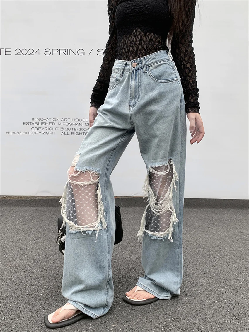 PLAMTEE Wide Leg Jeans Patchwork Lace Hole Vintage Fashion Summer High Waist Slim New Chic Daily All Match Straight Pants