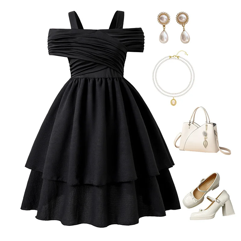 Girls Dress Kids Black Vestidos Children Sling Short Sleeve Ruched Tiered Gown Princess Summer Frenchy Simple Elegant Dresses