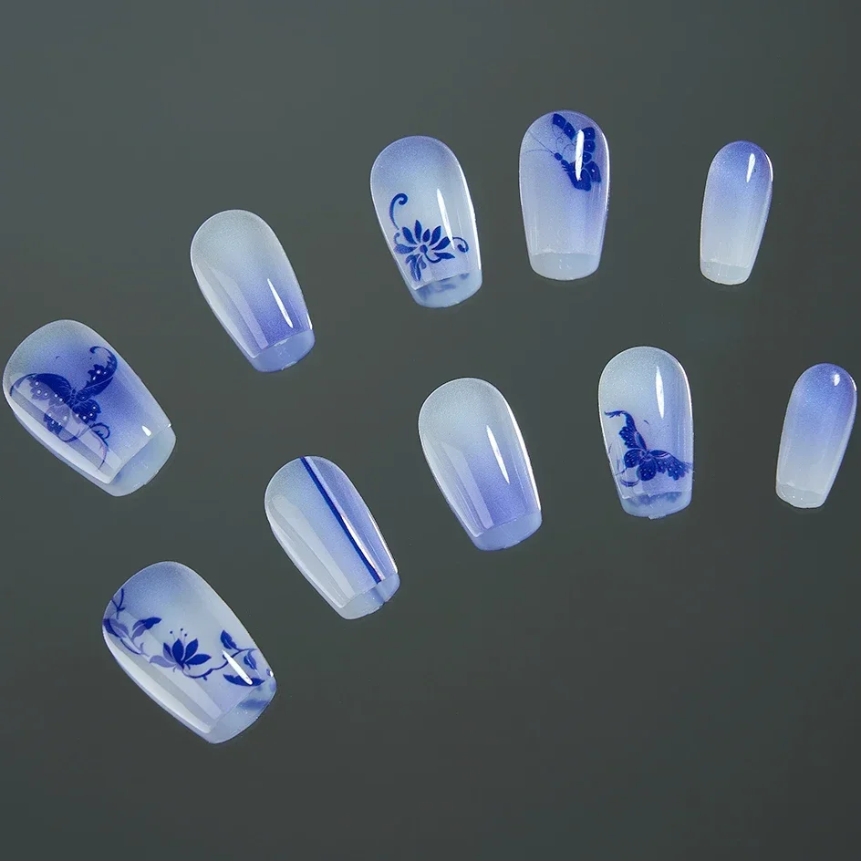 

10pcs Traditional Chinese Style White Porcelain Flower Press-on Nail Set Reusable Detachable Perfect for Bars Parties&Gatherings