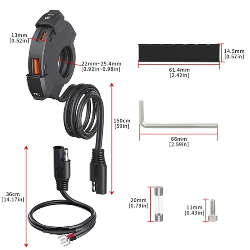 QC3.0 PD 30W rodzaj USB C ładowarka motocyklowa do telefonu i aparatu, 12-24V IP65 wodoodporny, zamontowany na kierownicy