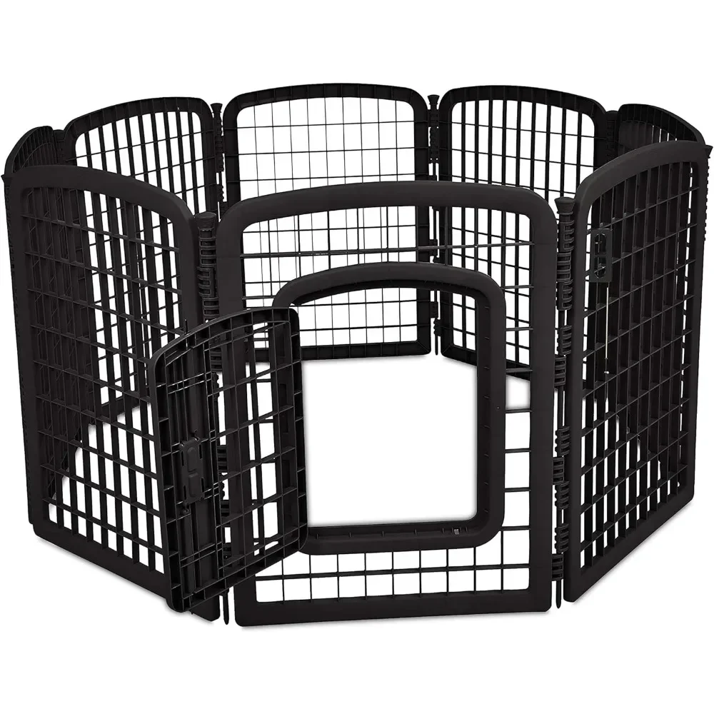 Large Dog Accessories 8-Panel Octagonal Plastic Pet Pen Fence Enclosure With Gate - 64 X 64 X 34 Inches Cage for Big Dogs Black