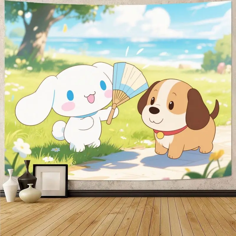 

1PC Kawaii Cinnamoroll & Dog Tapestry Summer Outdoor Wall Art Polyester for Bedroom Living Room Dorm Aesthetic Decor Gift