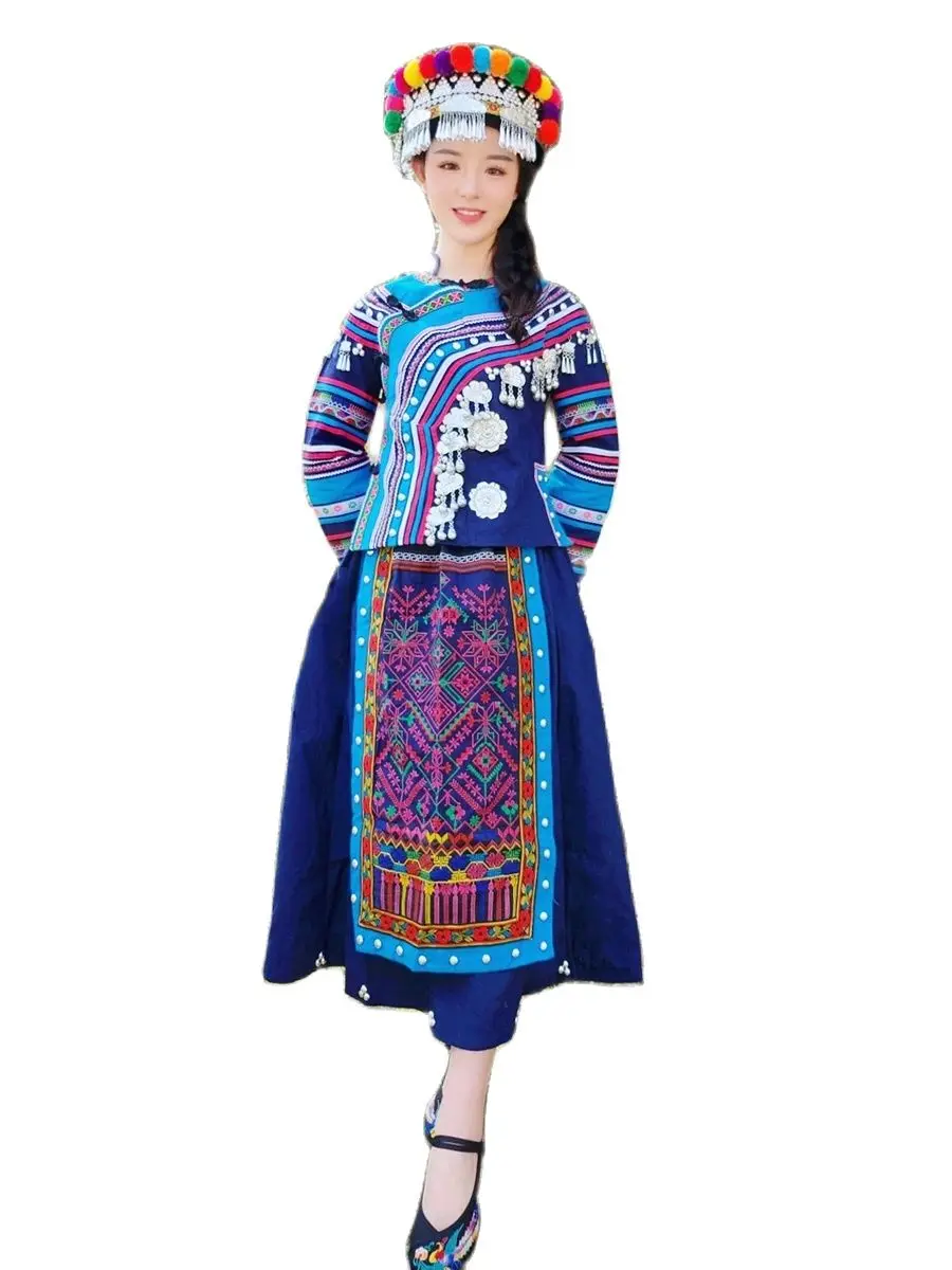 Embroidery Miao Costume Hmong Women Ethnic Style Perfomance Dress Chinese Folk Dance wear Adult Ladies