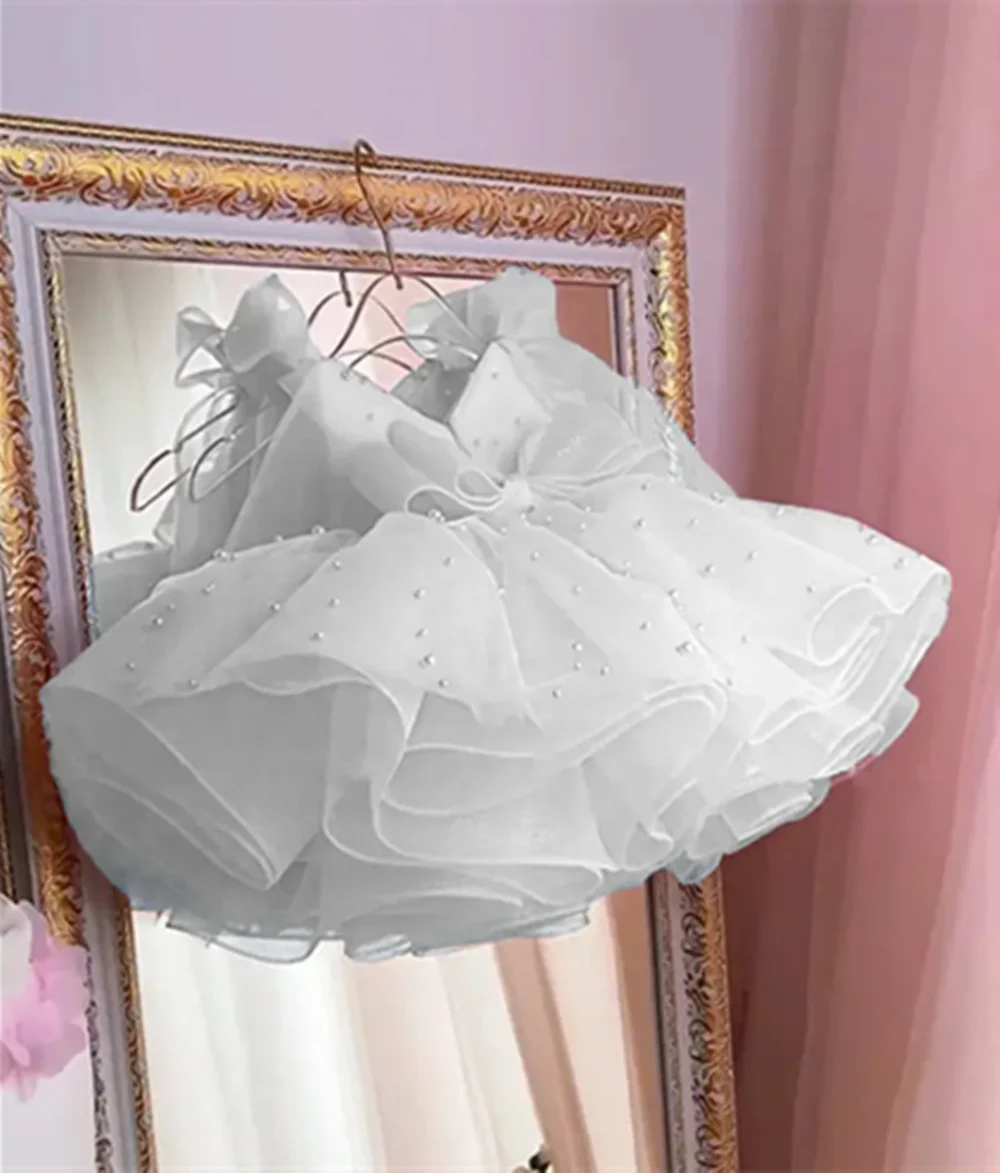 Customized Pink Flower Girl Dresses For Wedding Pearls Sleeveless Puffy Cute Baby Birthday Party First Communion Pageant Gown