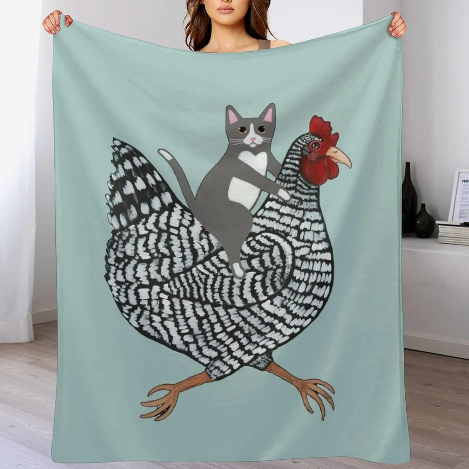 

Grey Tuxedo Cat Chicken Ride Throw Blanket Bed warm winter Blankets