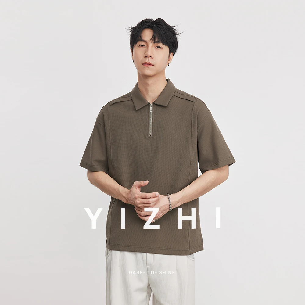 

Men's 210g Heavyweight Lapel Half-Zip Polo Shirt 2026 Summer New Cotton Blend Casual Trendy Short Sleeve T-Shirt