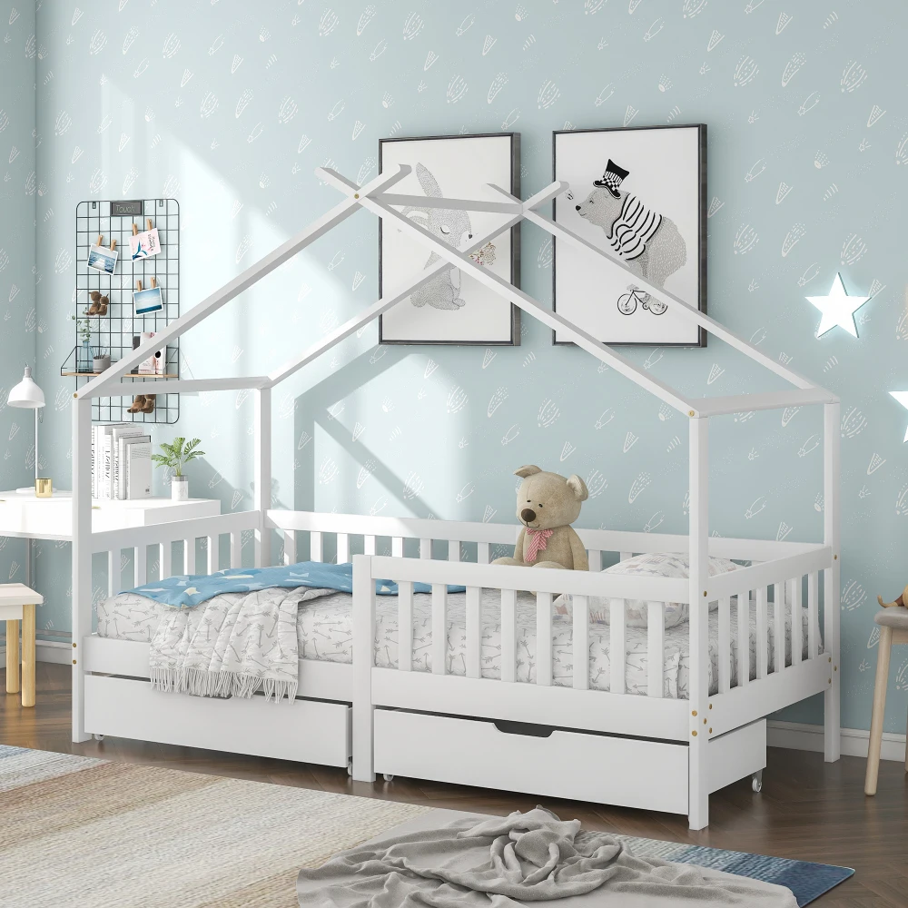 200x90 cm Schönes Hausbett für Kinder mit 2 Schubladen, Massivholz-Zaun, Gitter-Sturzschutz, Weiß