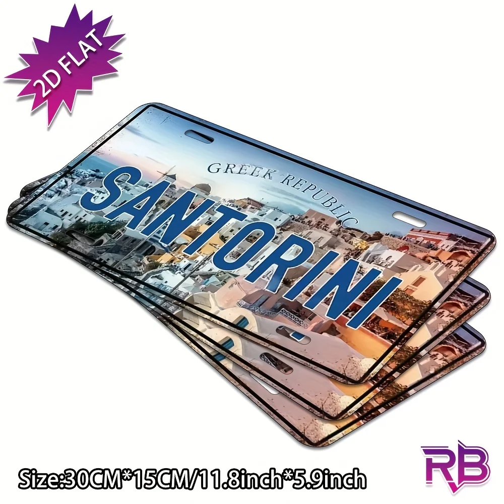 2D Flat, Single Piece Aluminum Sign Featuring a UV Printed Design of Santorini, Greece - Measures 30X15Cm/11.81X5.9In. This Wall