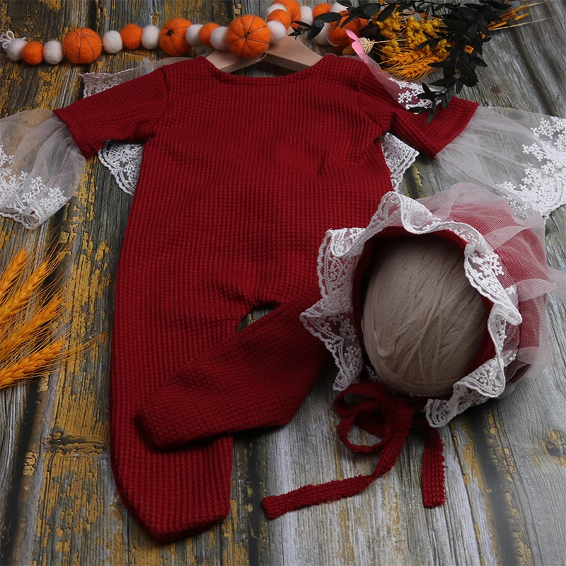 Ylsteed Newborn Red Lace Photography  Outfits  Baby Girl Footed Jumpsuit with Lace Trim Hat Christmas Clothes