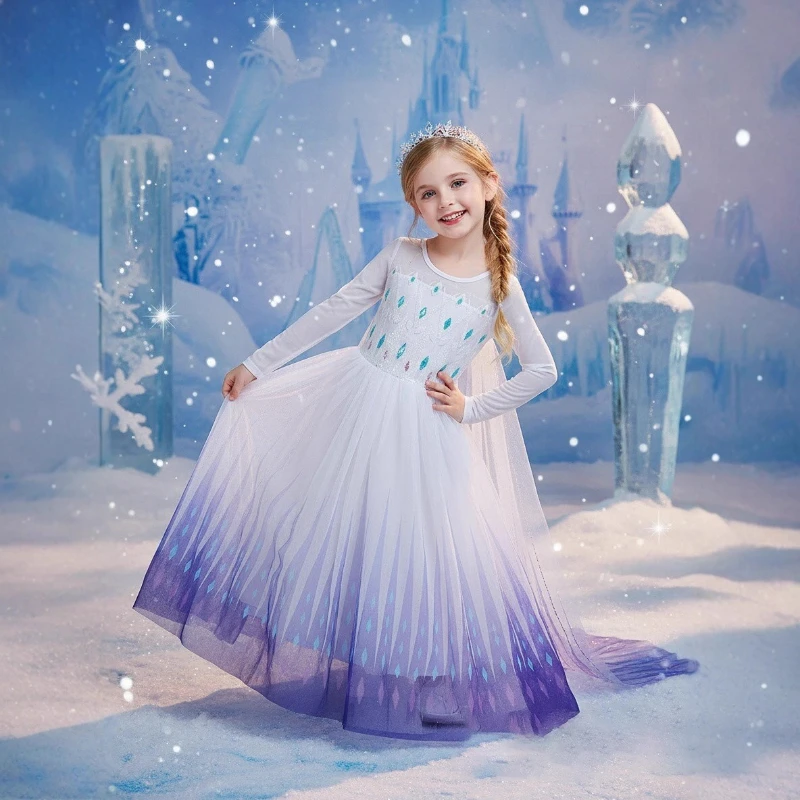 

Frozen 2 Elsa Dress, Girls Snowflake Print Gown with Cape Princess Costume Stage Wear