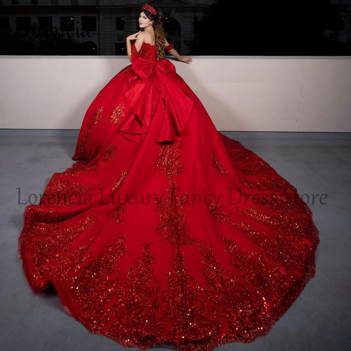 2024 Red Shiny Quinceanera Dress Ball Gown Off Shoulder 3D Flower Applique With Cap Sweet 16 Formal Vestidos 15 De XV Años