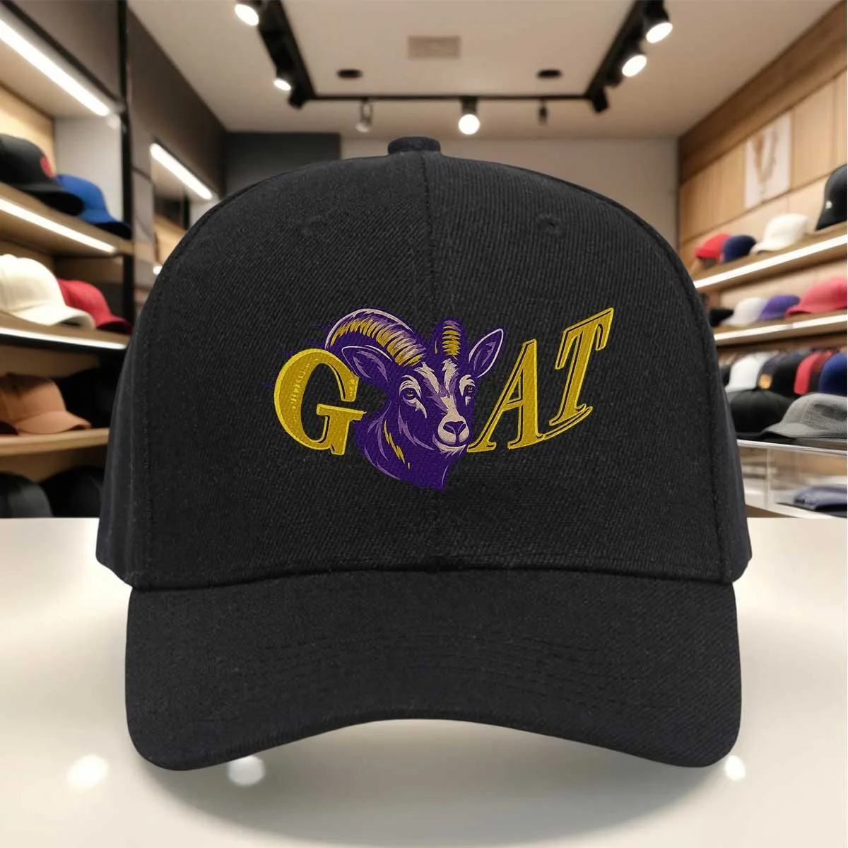 GAT Ram Head Logo Baseball Cap - Bold Purple & Yellow Design, Adjustable Snapback Hat with Ram Emblem, Unisex Suitable for Team,