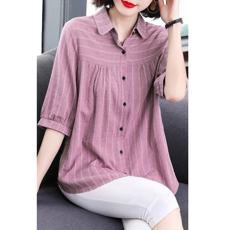 Women\'s Korean Fashion Striped Print Short Sleeve Button Up Shirt 2023 Spring Summer Casual Loose Cotton Blouse Top Blusas Mujer