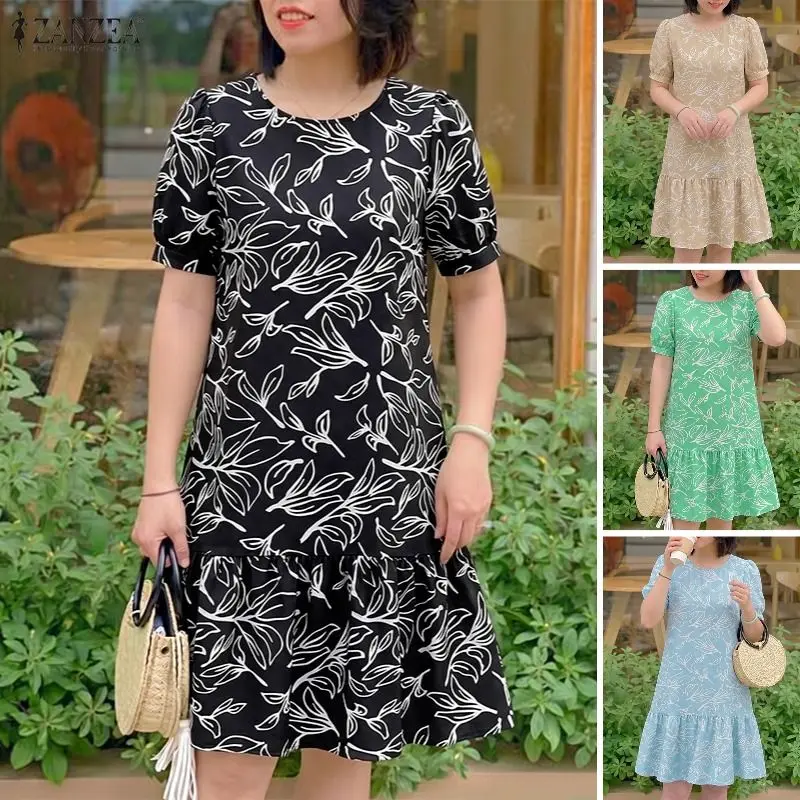 Bohemain bedrucktes Kleid ZANZEA Sommerkleid, stilvoll, lässig, Urlaub, Strand, Sommerkleid für Damen, kurzärmelig, O-Ausschnitt, knielang, Robe