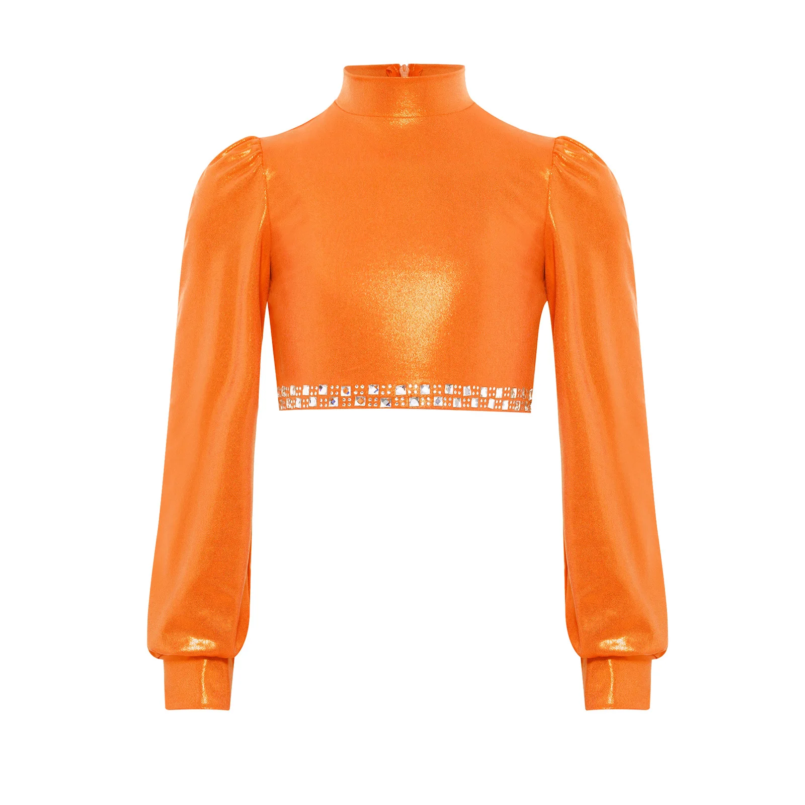 

Kids Girls Jazz Dance Crop Top 2025 Ballet Performance Costume Shiny Rhinestones Metallic Mock Neck Long Sleeves Zipper Shirts