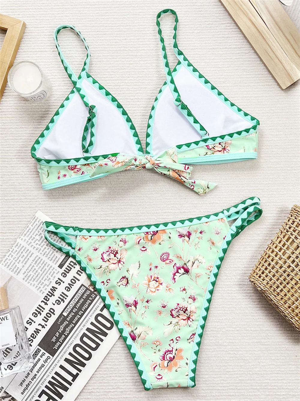 Green Border Bikini Backless Bandage Scalloped Hollow Out Floral Swimsuit Cute Vacation Swimwear Women Beach Outfit Bathing Suit