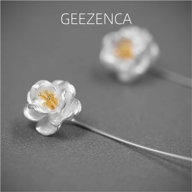 Geezenca 925 prata esterlina dois tons 3d camélia flor brincos para mulheres planta estética elegante chique brinco novo presente de festa