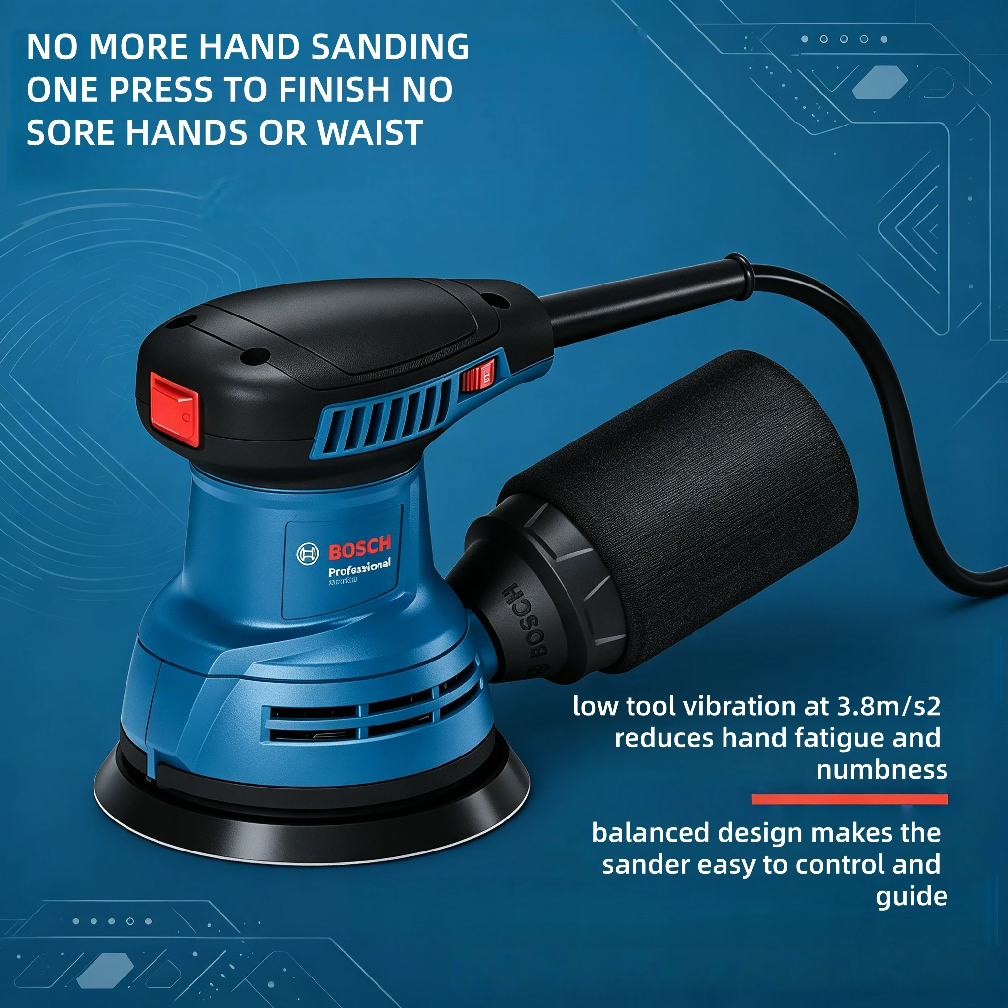 Bosch GEX 125 Electric Orbital Sander, Powerful Motor, 10x Faster Than Hand Sanding for Rough to Polished Finishes