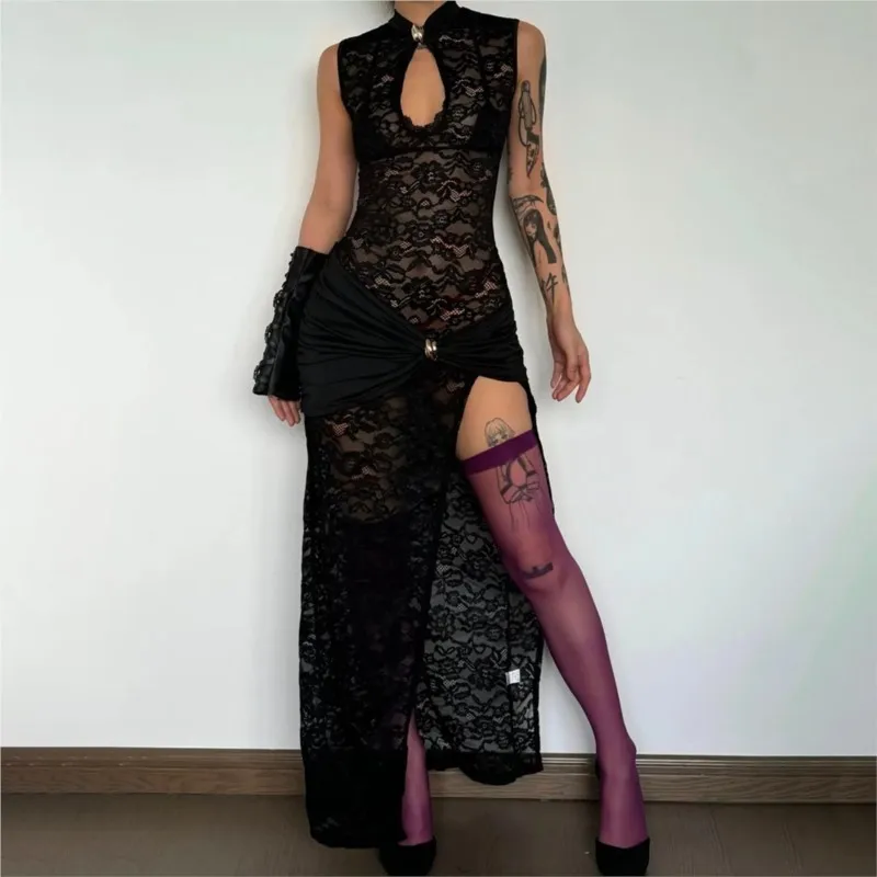 Gonna lunga sexy in pizzo da donna con abito senza maniche scavato, prospettiva aderente casual retrò