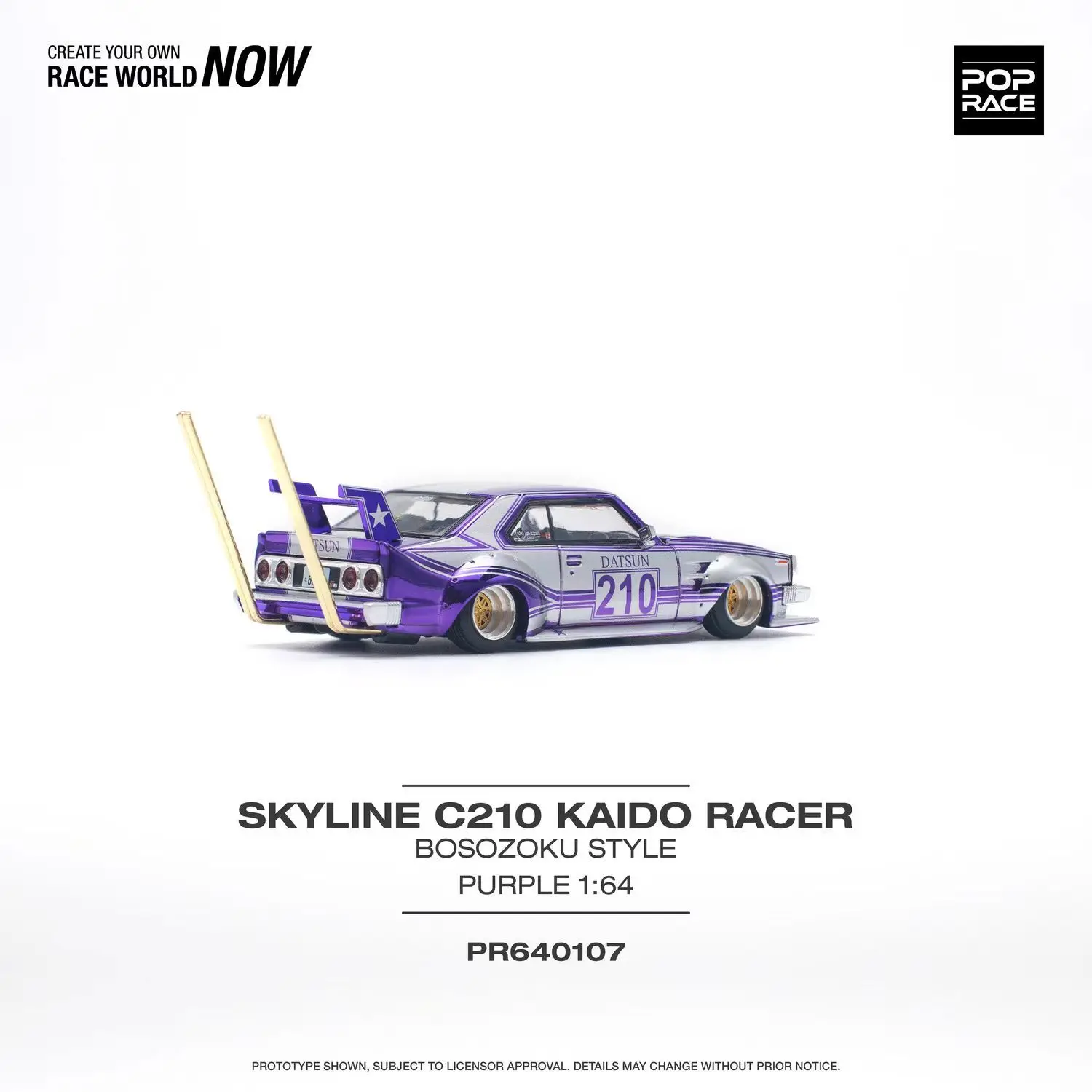 PreSale POP Race 1:64 Skyline MK5 C210 Kaido Racer Bosozoku Chrome Purple Diecast Diorama Model Collection Miniature Toys