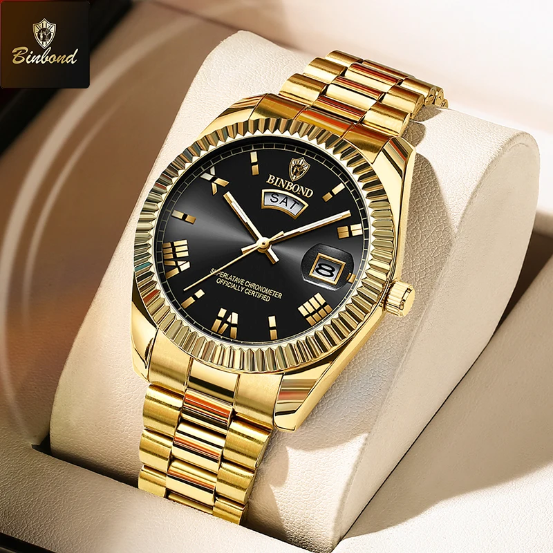 BINBOND ساعة معصم رياضية فاخرة للرجل مقاوم للماء مضيئة تاريخ الرجال ساعة كوارتز الفولاذ المقاوم للصدأ ساعات رجالية Reloj