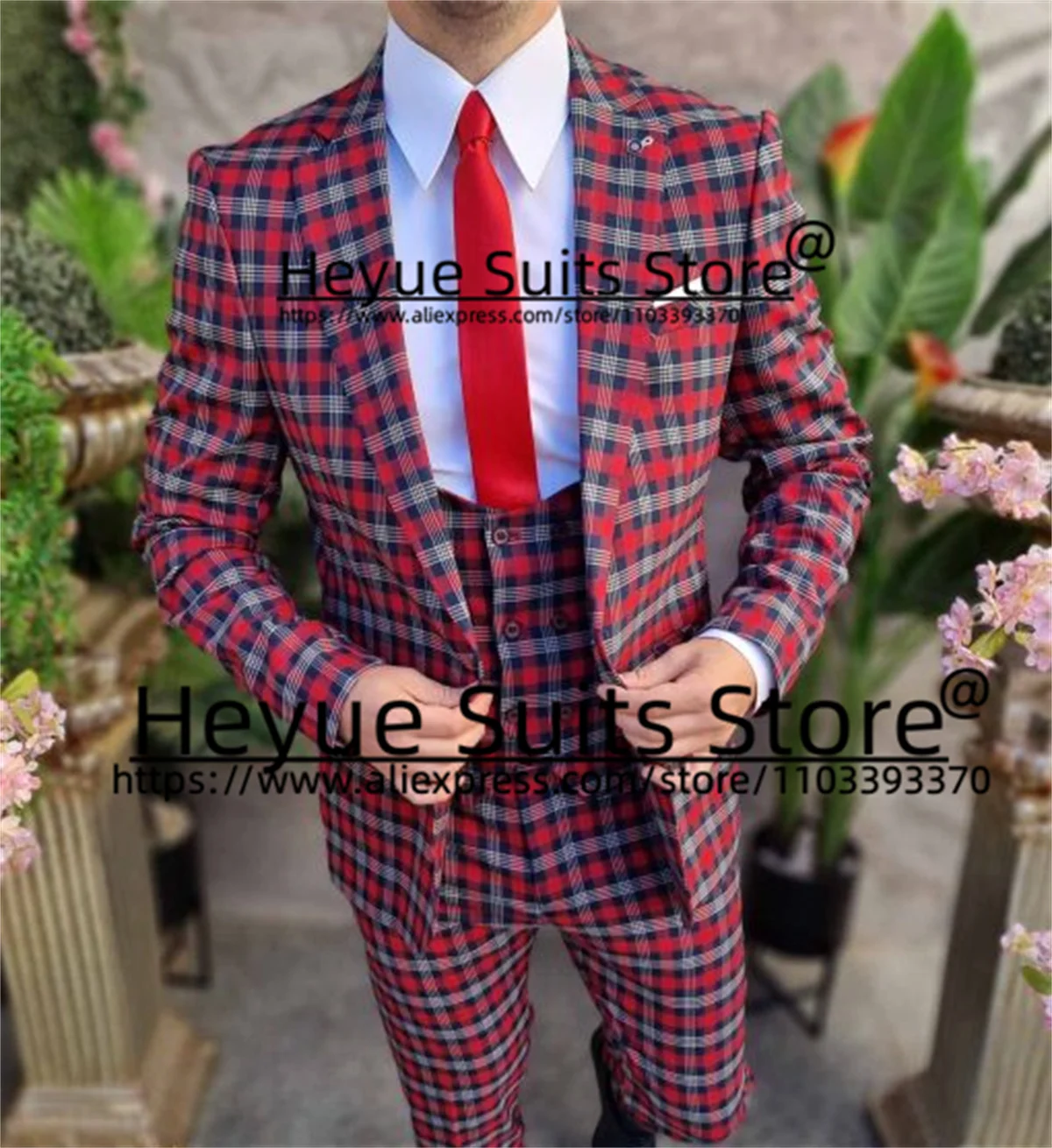 Klassieke Rode Geruite Trouwpakken Voor Mannen Slim Fit Gekerfde Revers Bruidegom Formele Smoking 3 Stuks Sets Business Man Blzaer Kostuum Homme