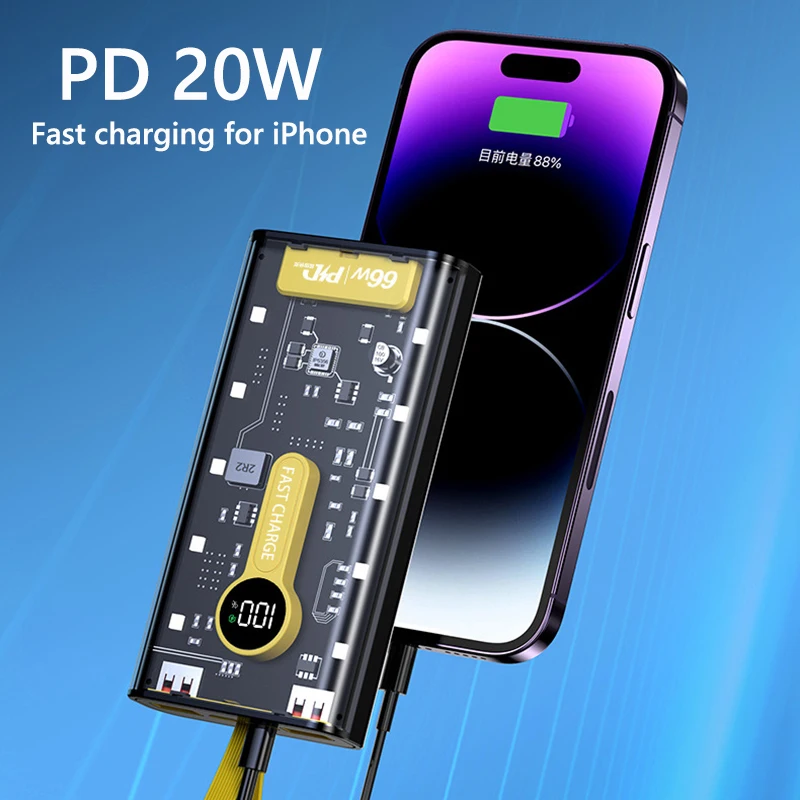 66 واط 200000 باور بانك بسعة كبيرة mAh مع 4 كابلات شحن سريع شاحن بطارية محمول لهاتف iPhone 16 Samsung Huawei Xiaomi