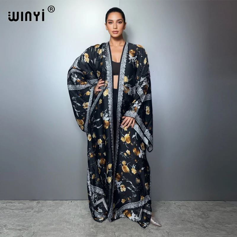 

WINYI Geometric Print Kimono African Dresses for Women Loose Cardigan Beach Outfits Kaftan Cover up Evening Dress