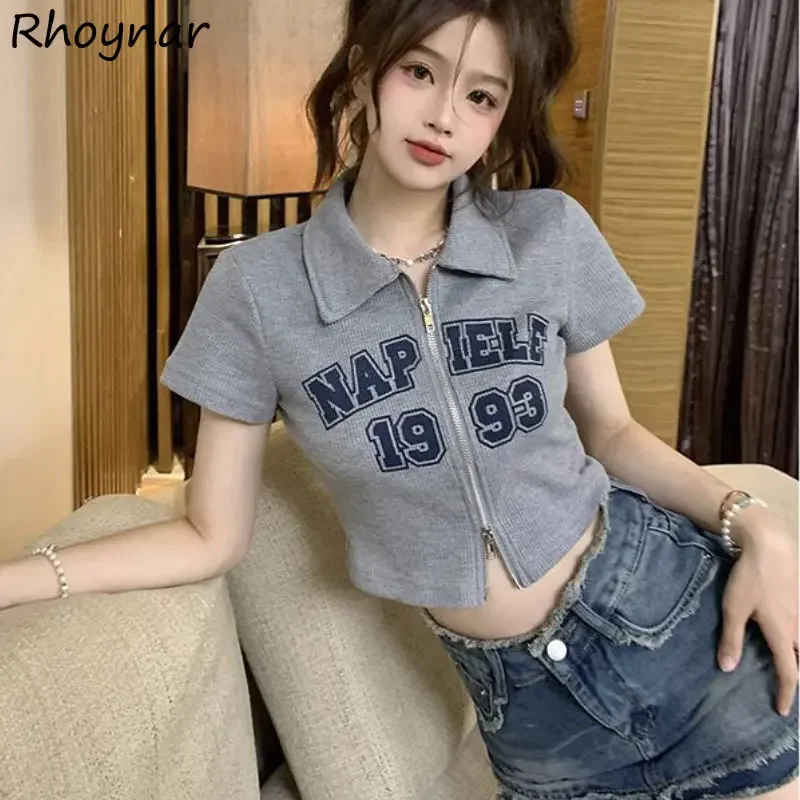 Vintage T-shirts Women Slim Letter American Streetwear Y2k Clothes Crop Tops Футболка Zip-up Cool Hip Hop Hotsweet Fashion Teens