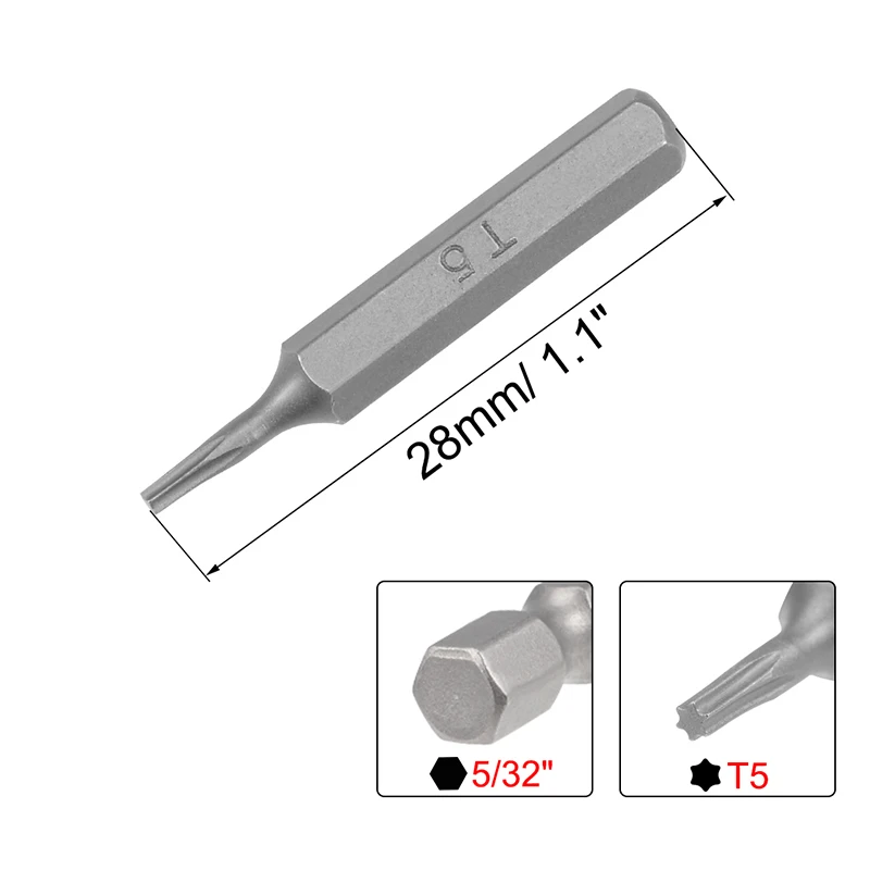 T2 T5 T6 T8 Torx cacciavite Bit Torx 5/32 pollici codolo esagonale vite a testa esagonale Kit di punte strumenti per elettroutensili lunghezza 28mm