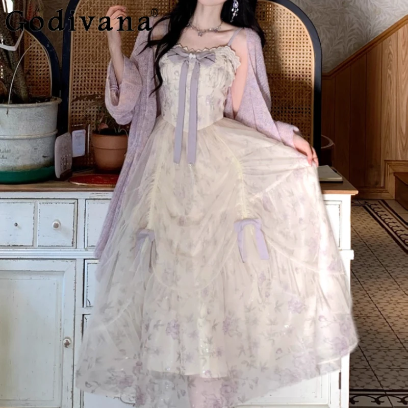 ربيع الخريف حجم كبير المرأة الفرنسية الرجعية الأميرة الحمالة فستان ساحة الرقبة الصناعة الثقيلة الحلو القوس الأزهار لوليتا فساتين #1