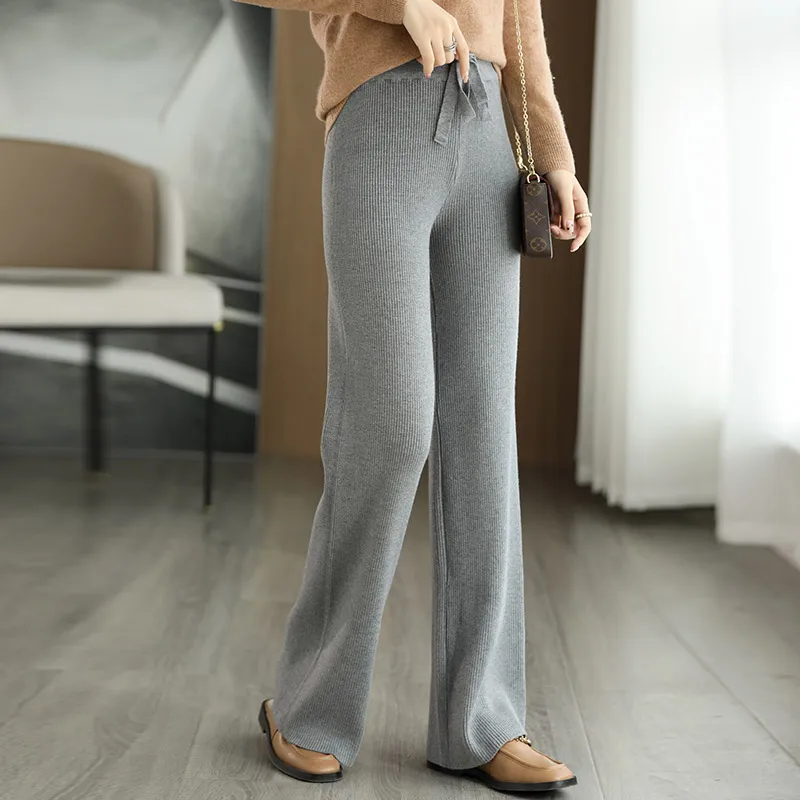 Autumn Winter Women\'s Merino Wool Knitted Pants Office Lady Simple High Waist Straights Trousers Cashmere Wool Thick Knitwear