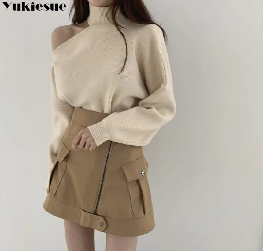 Korean chic temperament Elegant Design thickening Sweater Sexy hollow open one shoulder Turtleneck pullover loose sweater